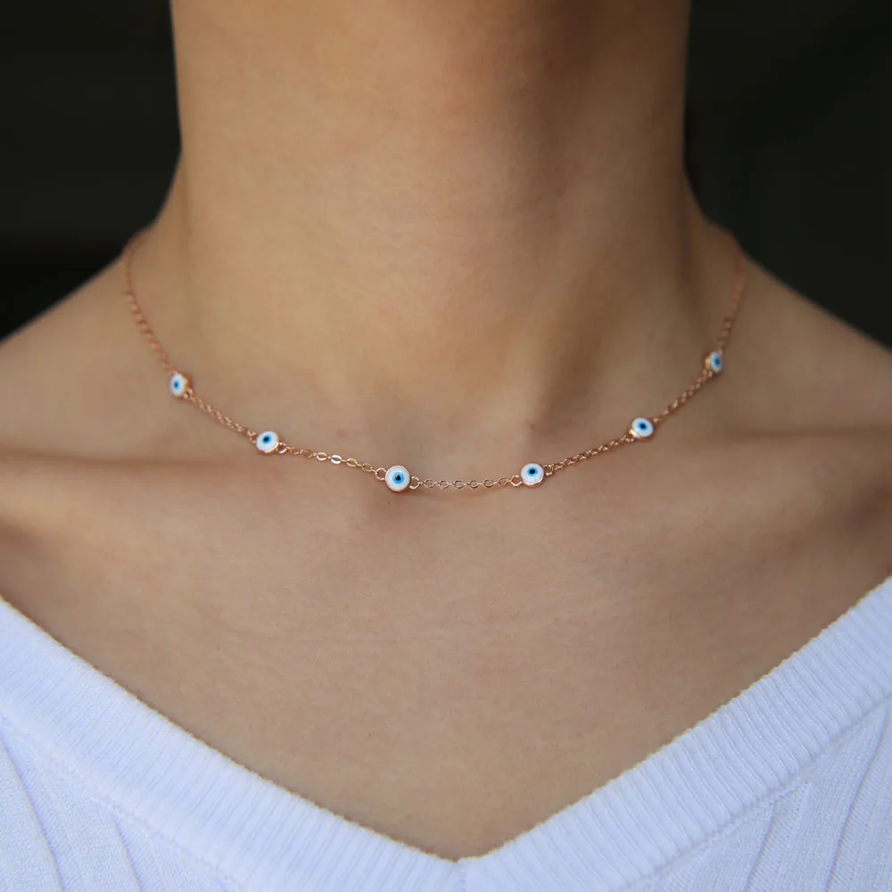 

Rose gold color round dots white enamel eye charm accessory turkish evil eye women ladies jewelry choker chain necklace