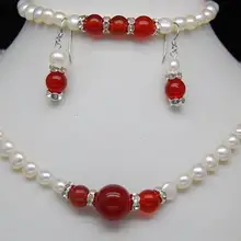 Элегантный 8-9 мм белый жемчуг красный Нефритовое ожерелье браслет серьги комплект ювелирных изделий