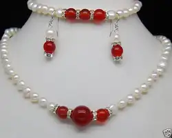 Элегантный 8-9 мм белый жемчуг красный Нефритовое ожерелье браслет earringst комплект ювелирных изделий
