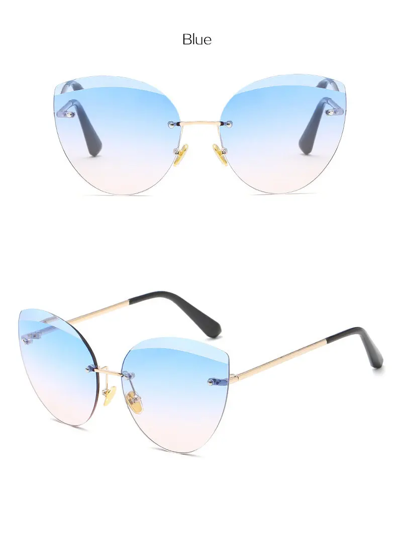 Солнцезащитные очки без оправы, Женские винтажные брендовые дизайнерские солнцезащитные очки «кошачий глаз», модные розовые очки без оправы, обрезные женские очки UV400