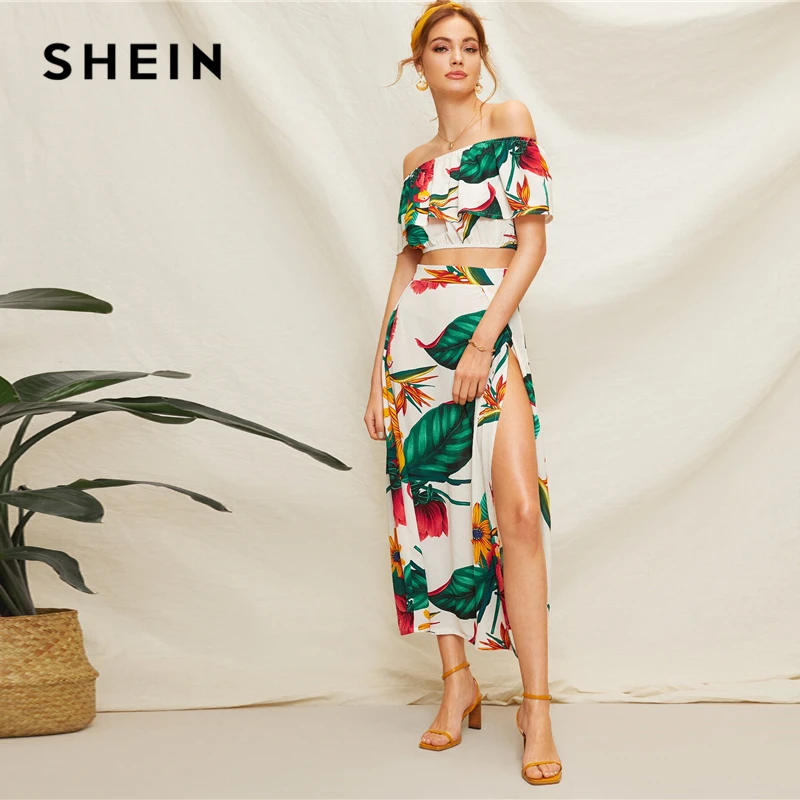 SHEIN модная блузка с тропическим принтом, топ и длинная юбка с разрезом по бокам, Женский комплект 2 шт., летний комплект из двух предметов в стиле бохо