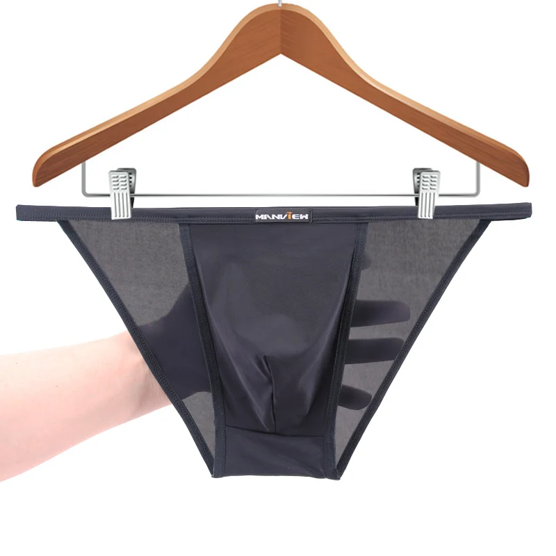 Male fork rims translucent panties Brief  male Ice Silk Low waist U Convex Design Underwear men 1732 2
