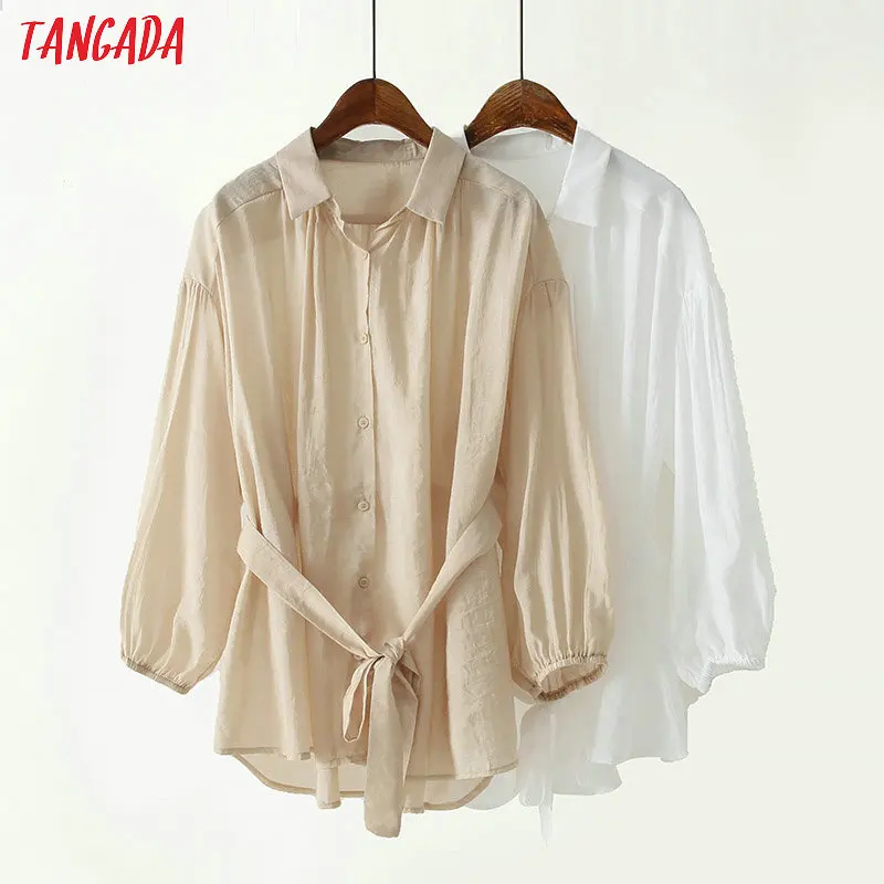 

Tangada women vintage Transparent blouse 2019 autumn pleated turn down collar long sleeve oversize shirts female chic tops 4T01