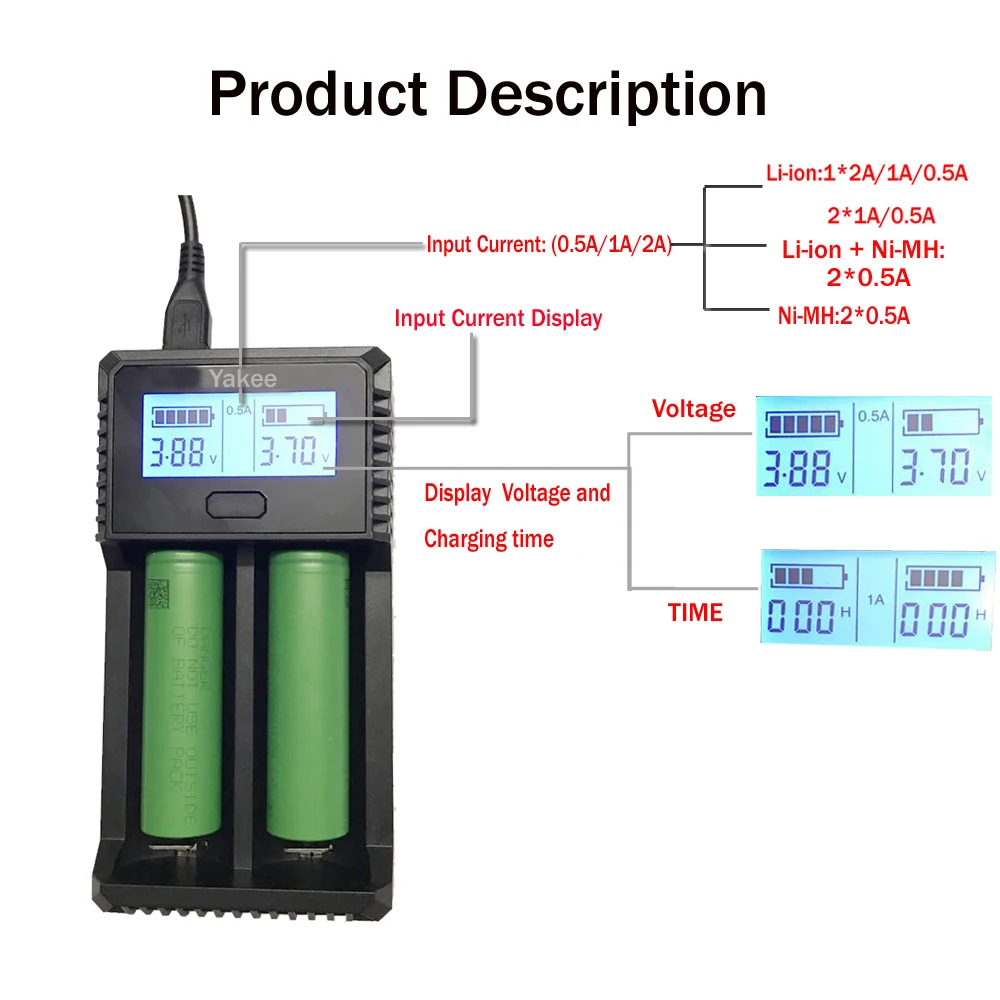 Yakee USB Батарея Зарядное устройство для батарей Li-Ion(литий-ионных) 26650 18650 18500 18350 17670 16340 14500 10440 литиевая батарея 3,7 V