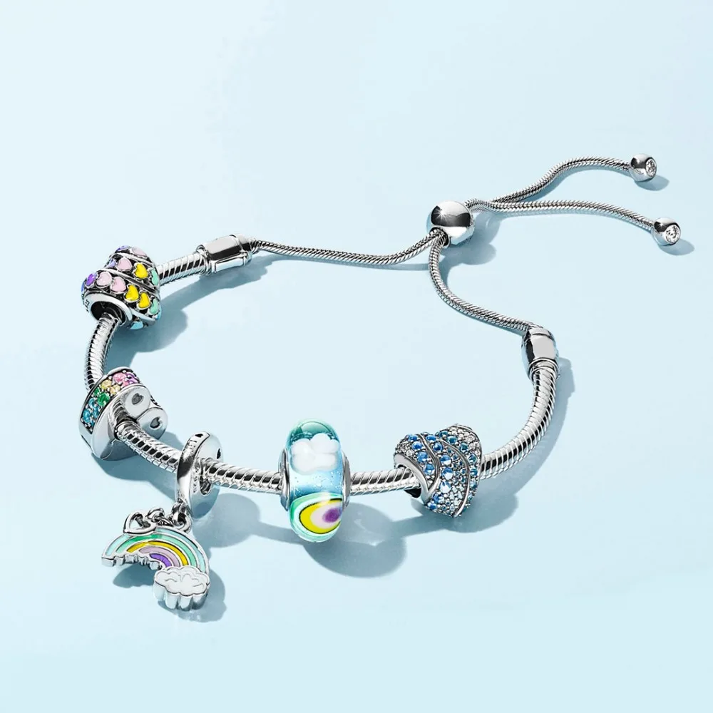 

100% 925 Sterling Silver REVIEW-IRIDESCENT-RAINBOW-MURANO-FROM-SPRING Fit DIY Original Bracelets Jewelry A Set of Prices