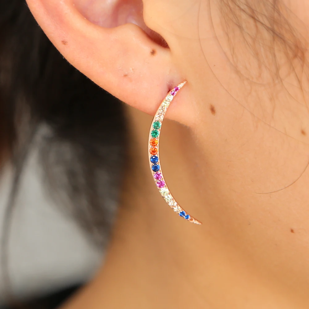 

2018 rose gold color 925 sterling silver rainbow color cz moon nice skinny crescent moon stud Christmas colorful cz earring