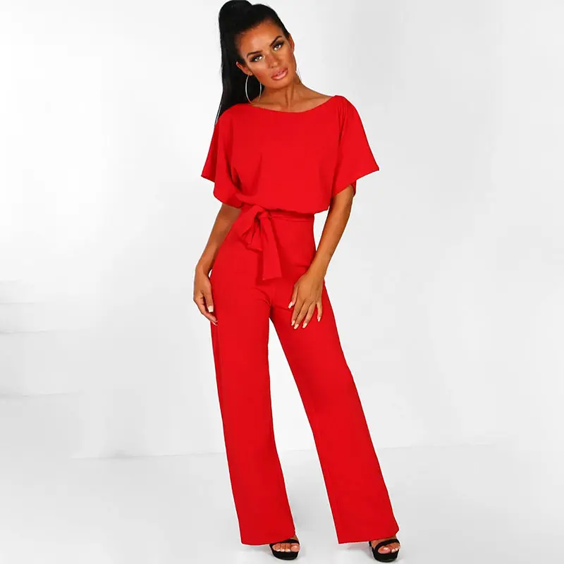Женский модный тонкий облегающий комбинезон с коротким рукавом, повседневный боди, Дамское винтажное боди-трико, длинный комбинезон, женский комбинезон с широкими штанинами - Цвет: AF035 Red