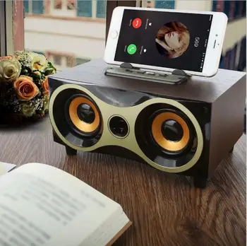 

Desktop Portable Wooden Wireless Speaker Subwoofer Stero Bluetooth Speakers Support TF MP3 Player with FM Radio, Phone Holder