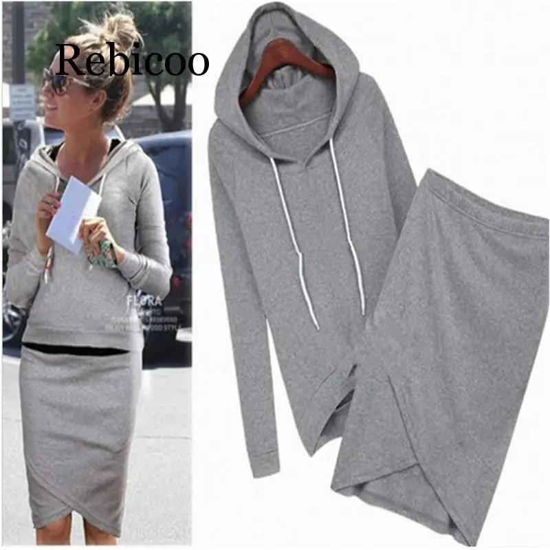 

2019 New Casual Elastic Waist Irregular Knee-length Simple Two Set Spring Autumn Solid Long Sleeve Hooded Women Two Sets