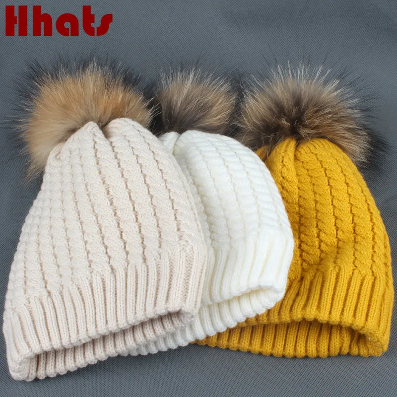 

Which in shower double layer fleece linner knit female beanies thick warm women girl winter hat with real raccoon fur pompom