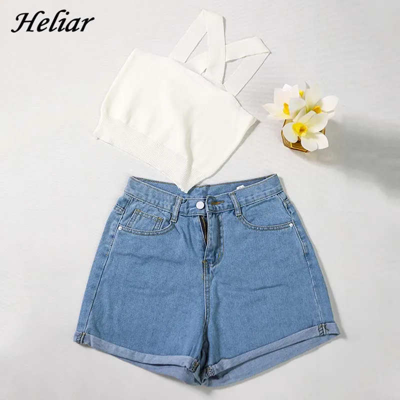 Heliar Female Patchwork Suits Two Pcs Outfits White Knitting Tops and Hot Jeans Short Slash Neck Women Pajamas 2019 Summer PJ | Женская
