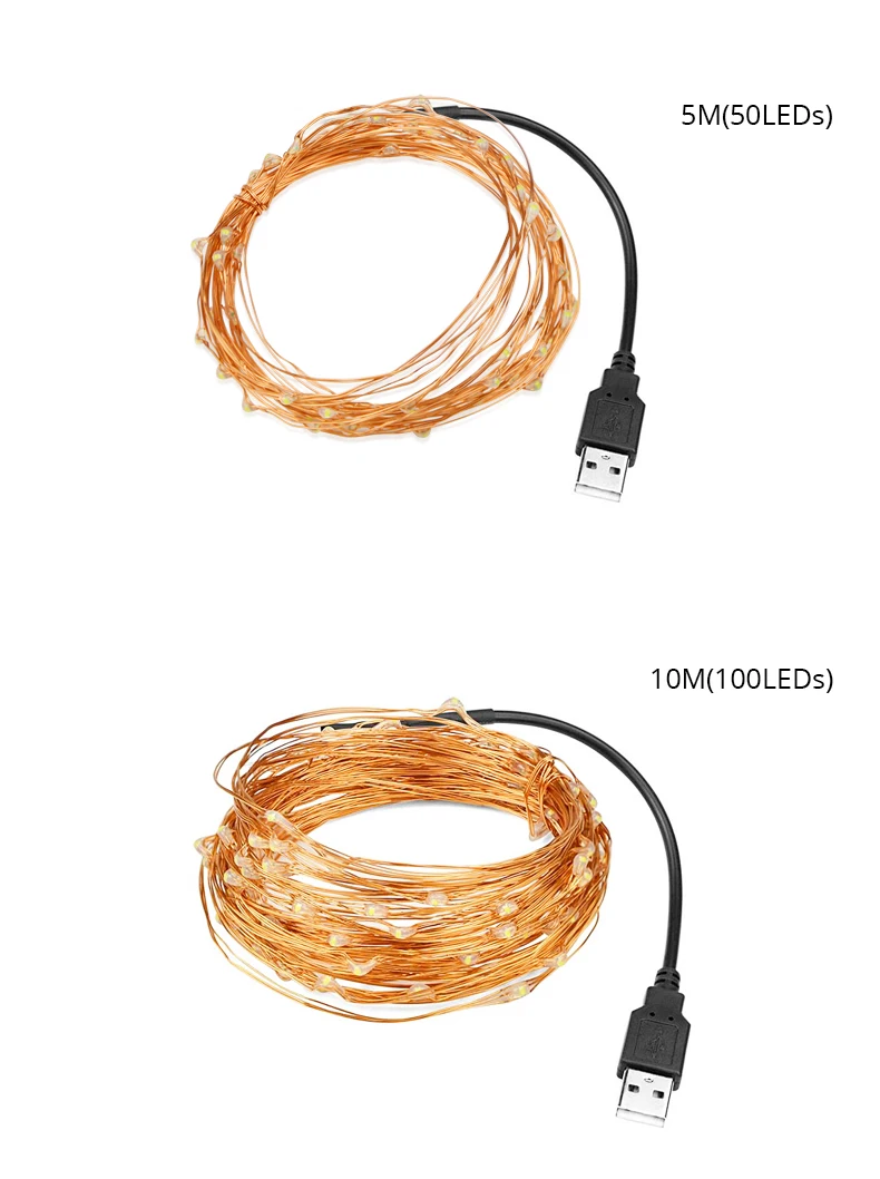 2 м 5 м 10 м светодиодный Новинка Ночной светильник Водонепроницаемый USB светодиодный Медный провод шнура светильник Фея светодиодный полосы гирлянды вечерние рождественские украшения