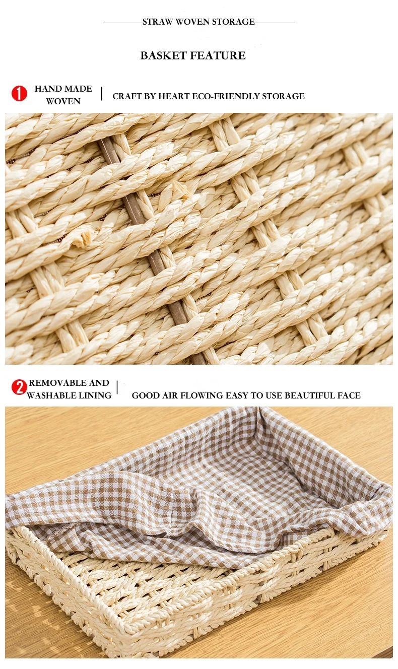 Straw storage boxes paper rattan baskets organizer for storage of toy on side table with cotton lining pastoral style 5cm height