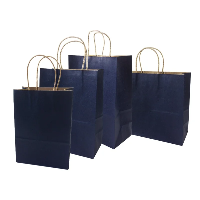 10 Pcs/lot 4 Size Deep Blue Kraft Paper Bag With Handle Recyclable Bag