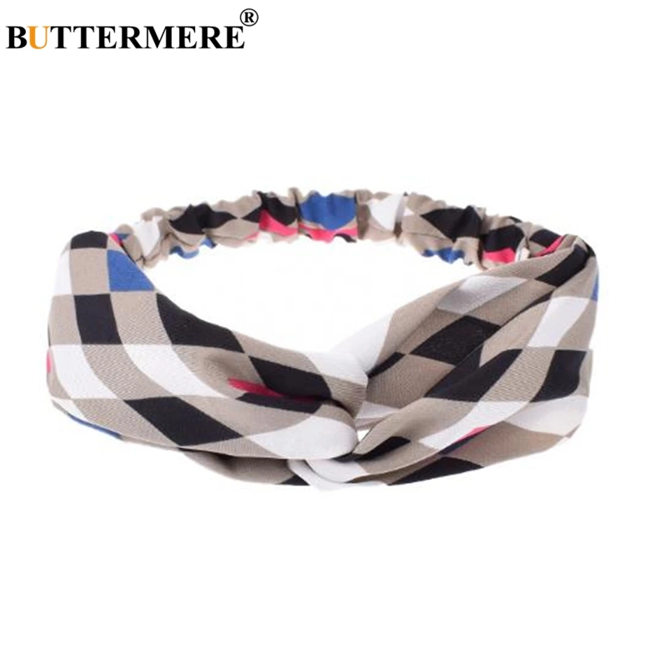 

BUTTERMERE Hair Accessories For Women Headband Plaid Headwear Korean Vintage Girls Cross Knot Elastic Brand Hair Bands