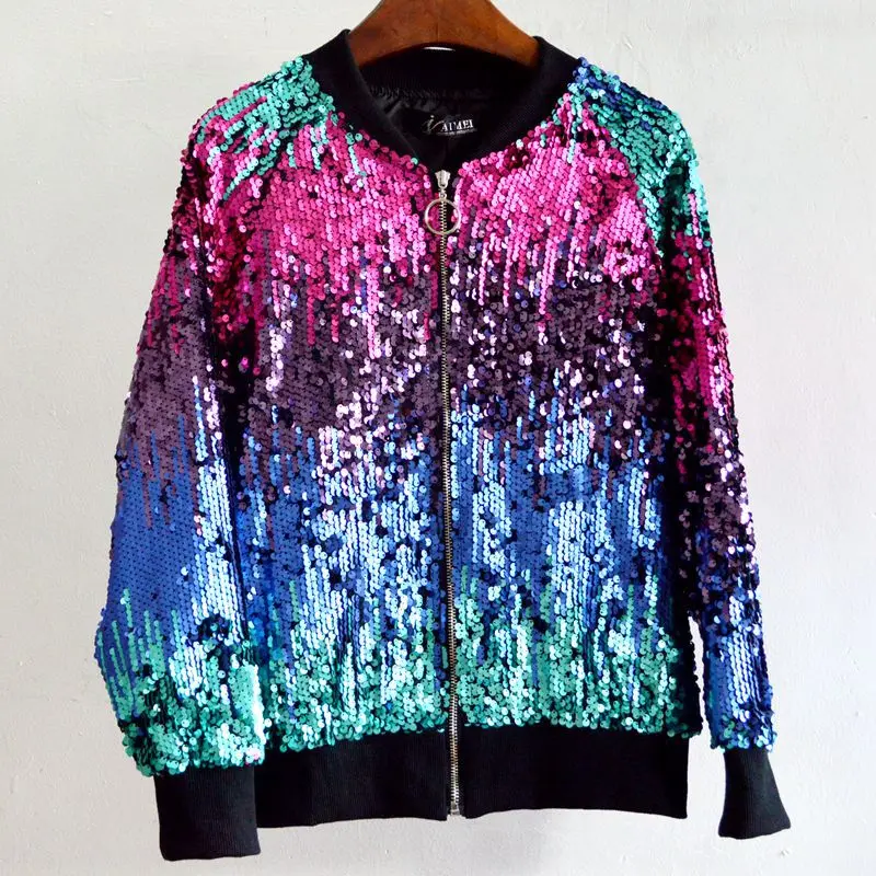 

Autumn Sequin Coat Women multicolor Bomber Jacket Long Sleeve Zipper Jacket Preppy Style Loose Casual Basic Jacket