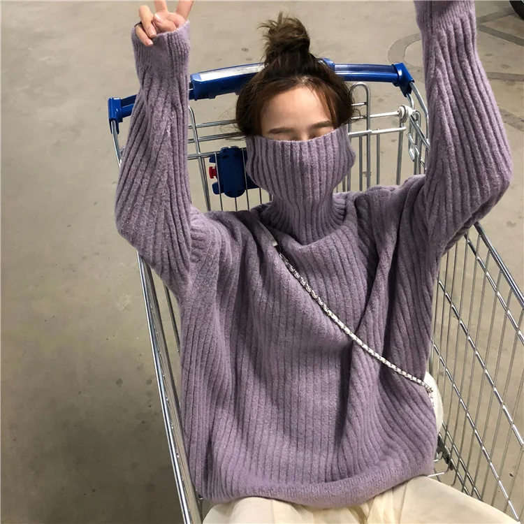 New Korean version of loose high collar vertical color long sleeve temperament sweater | Женская одежда