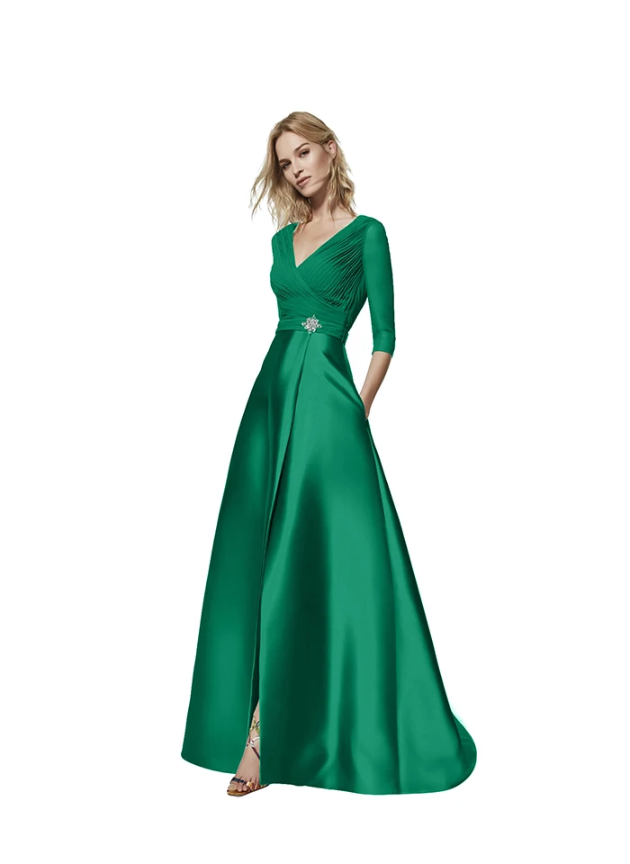 Зеленое Макси-платье с длинным рукавом, с v-образным вырезом, без спинки, с разрезом спереди, элегантные вечерние, с бисером, в пол, платье Robe De Soiree