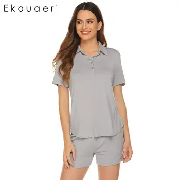 

Ekouaer Women Summer Pajamas Set Casual Turndown Short Sleeve Top Shorts Soft Sleepwear Set Solid Pajama Suit Homewear