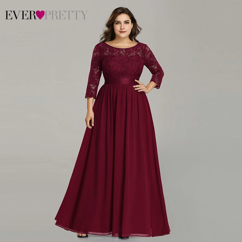 Plus Size Ever Pretty Evening Dresses Long EP07412 Elegant Long Sleeve A-line Lace Chiffon Navy Blue Winter Wedding Guest Dresse