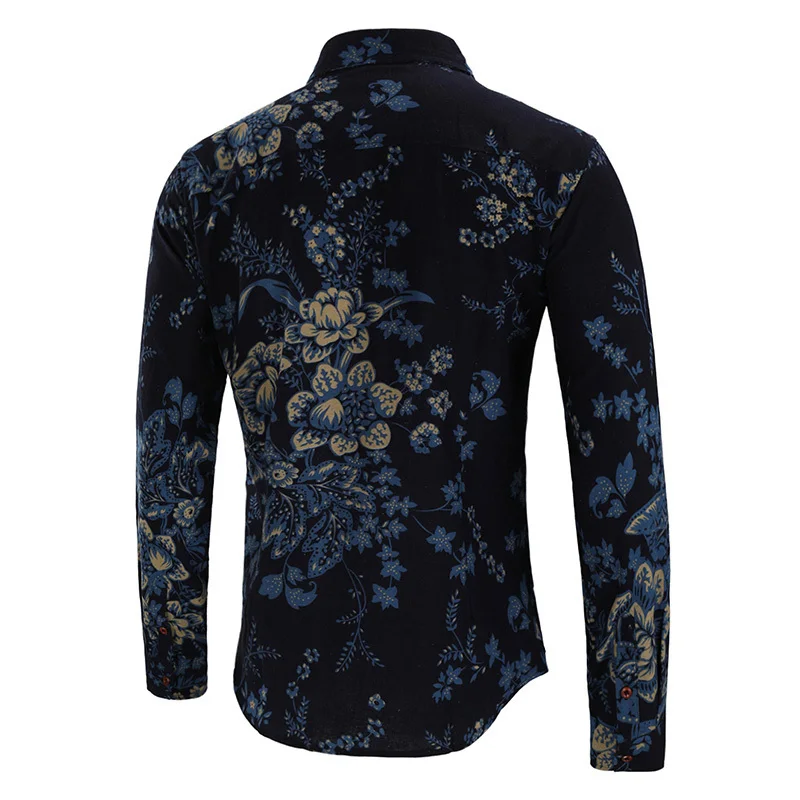 2018 الخريف جديد الرجال الأزهار الكتان قميص الصينية خمر زهرة المطبوعة طويلة الأكمام قميص الذكور يتأهل طباعة القطن الكتان قميص