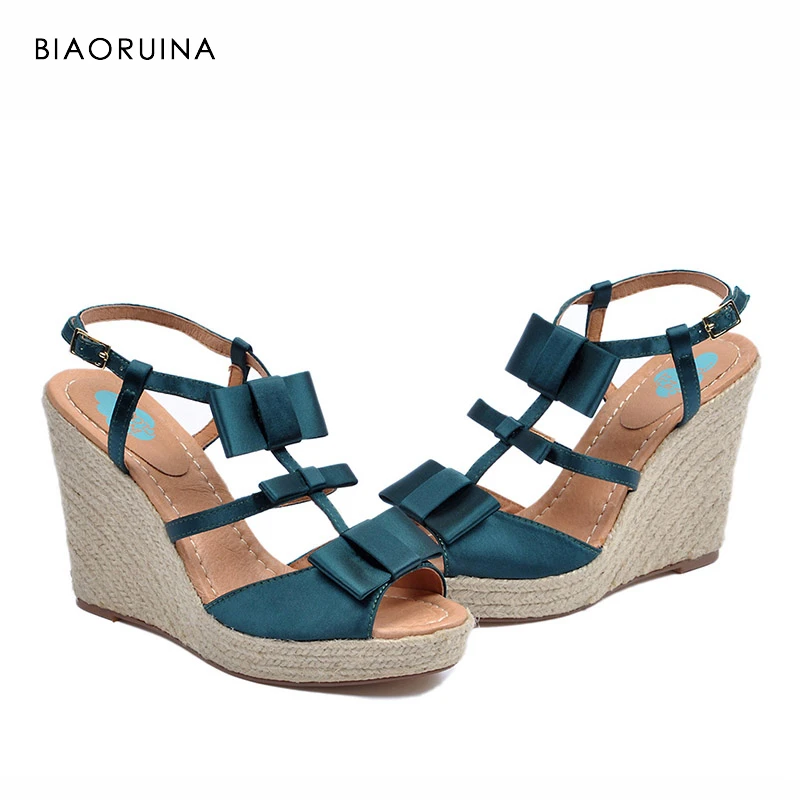 

BIAORUINA Women's T-strap Sandals Back Buckle Handmade Hemp Wedges Fashion High Heel Platform Ladies Solid Chic Party Sandals