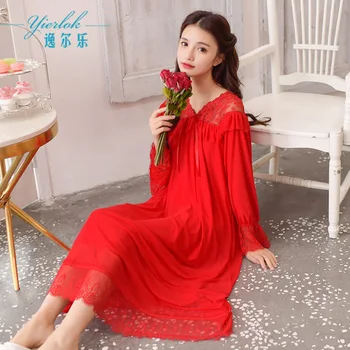 

Spring and autumn red nightdress wedding long sleeve court lace sexy modal pajamas comfortable breathable nightdress