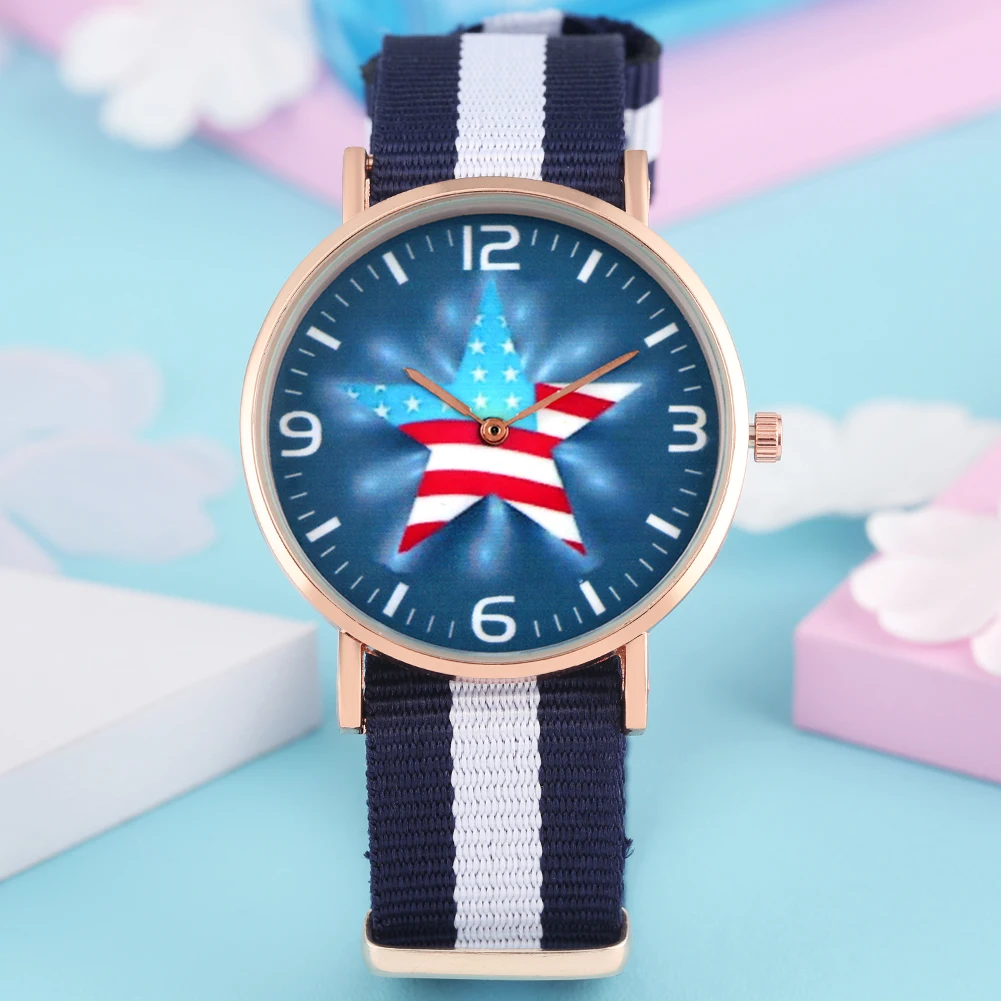 

Simple American Flag Pentagon Pattern Quartz Analog Watch for Women Elegant Blue Dial with White Arabic Numerals Watch for Girls