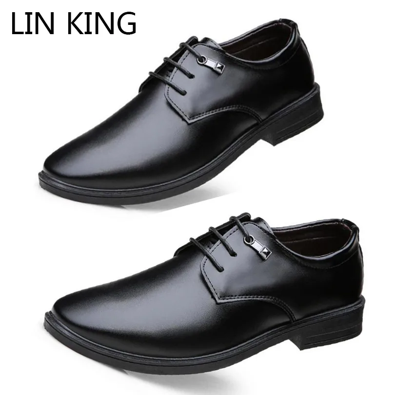 

LIN KING Solid Men Dress Shoes Pu Leather Oxfords Lace Up Formal Shoes Shallow Low Top Business Office Shoes Zapatos De Hombre