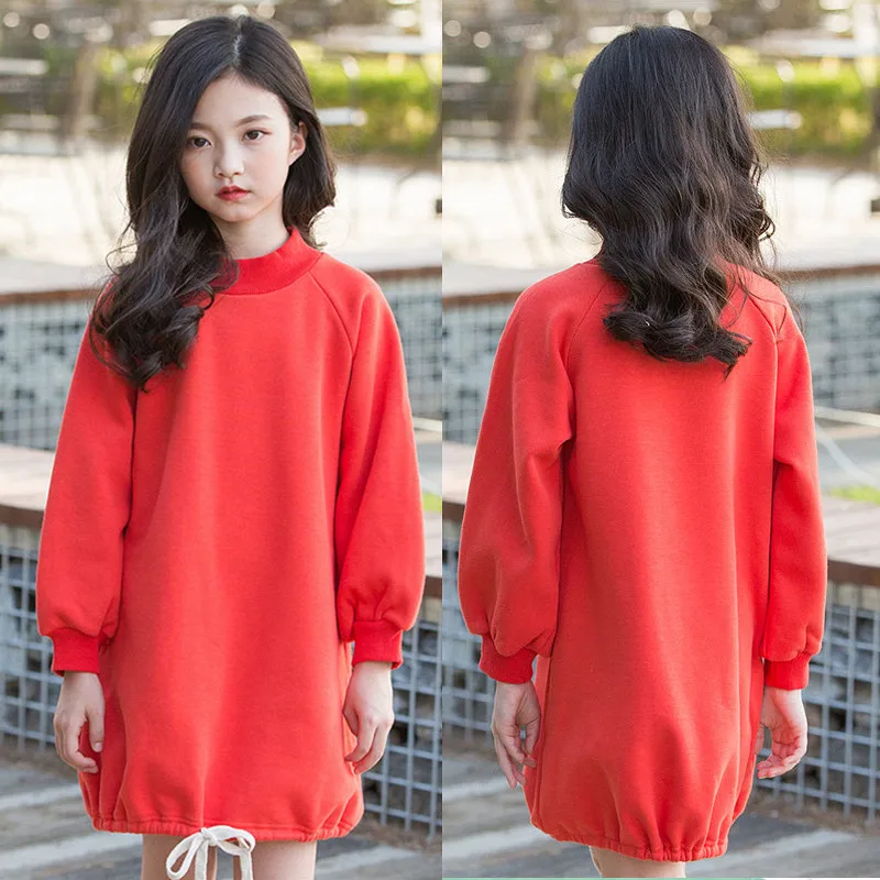 

children dress 2018 Casual loose design girls dresses autumn kids clothes long sleeve sweatshirt dress velvet lined red hoodies