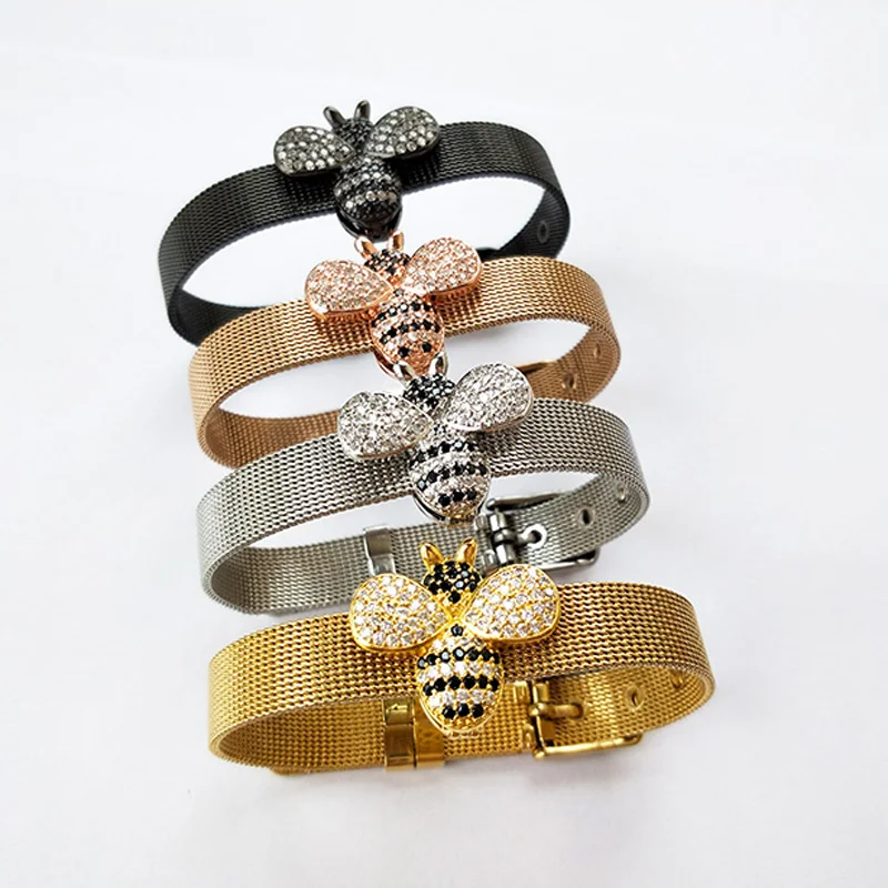 

4PCS New Fashion Bee Inspired Jewelry bangle,Bumble Bee Bead watch belt,CZ Micro Pave insect Charm Bead Bracelet BG240