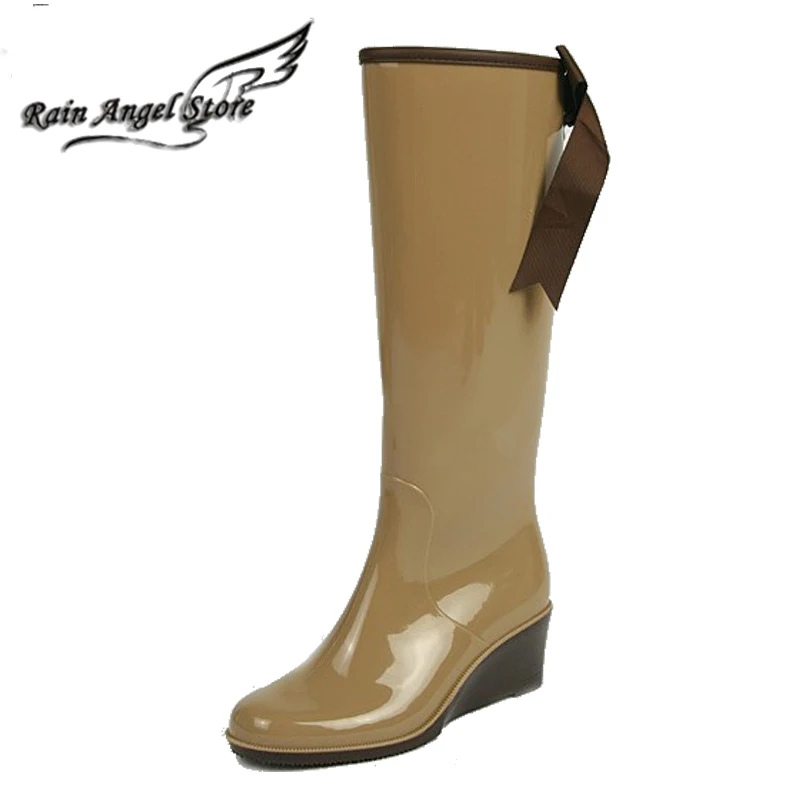 

Leopard Rainboots PVC Tall Rain Boots Wedges Fashion Bow Ribbon Rubber Boots Side Zipper Boots Water Shoes
