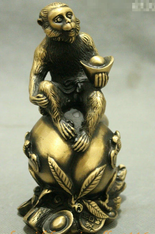 

6 Folk Chinese Bronze Zodiac Wealth YuanBao Coin Monkey Ride Shou Peach Statue