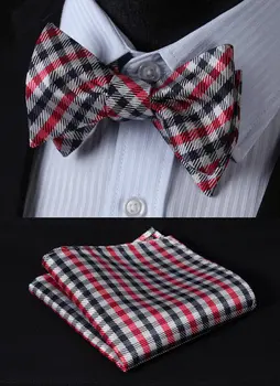 

BC2023R Navy Blue Red Check Classic 100%Silk Jacquard Woven Men Self Bow Tie BowTie Pocket Square Handkerchief Suit Set