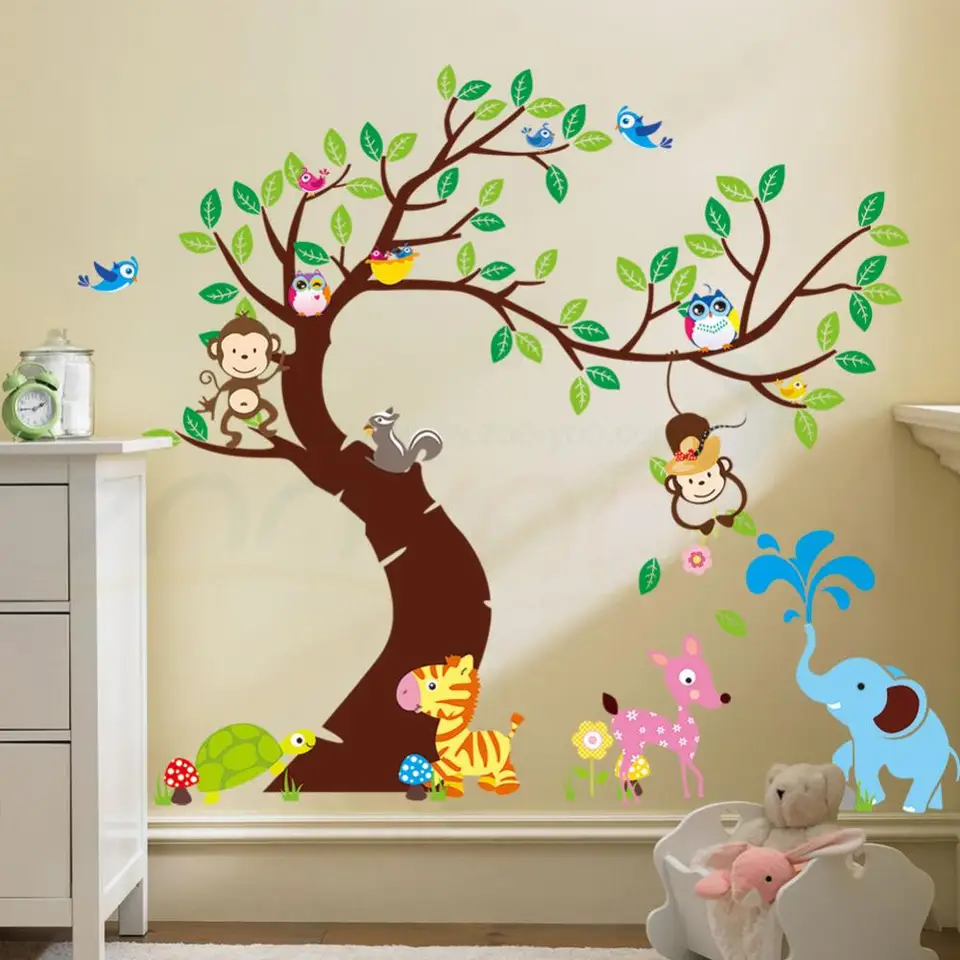 Cute Owl Momkey Elephant Bird Tree Zebra Zoo Wall Stickers For Kids Rooms Home Decor Cartoon Animals Wall Decals Pvc Mural Art Sticker For Kids Room Wall Stickers For Kidswall Sticker Aliexpress