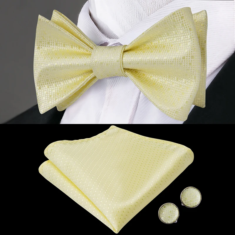 

LH-2020 Hi-Tie Luxury Silk Men Butterfly Self Bow Tie Ivory Gold Yellow Wedding BowTie Pocket Square Hanky Cufflinks Suit Set