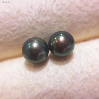 

stunning pair of 10mm tahitian round black green pearl earring 18k