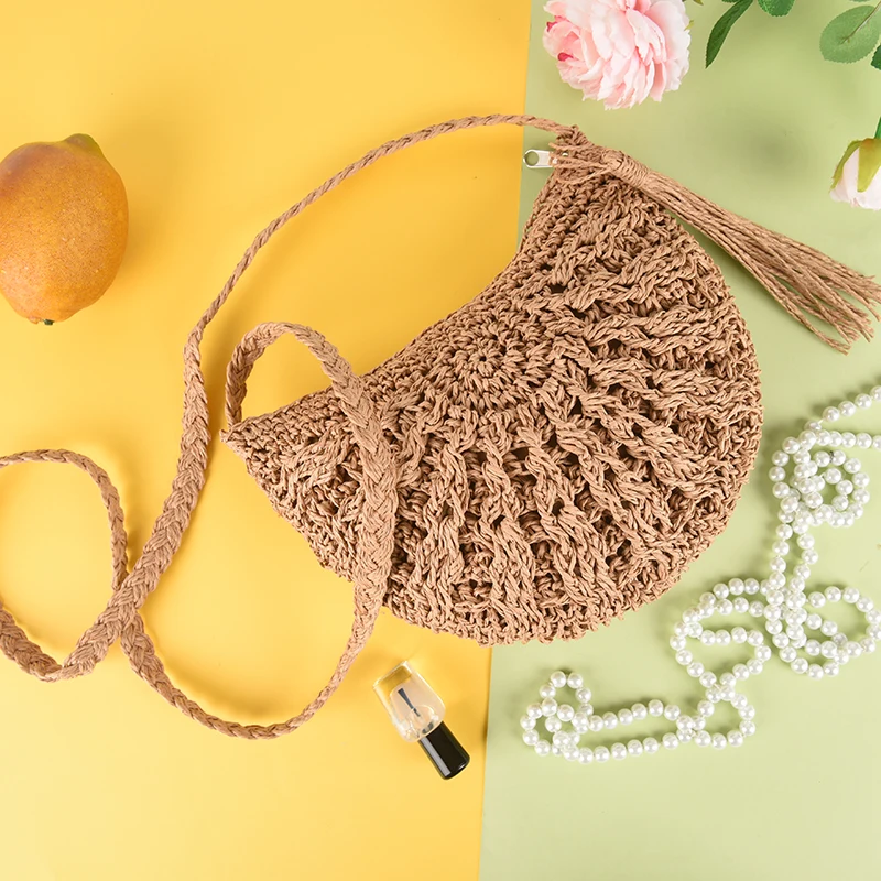 1PCS Women Round Straw Crossbody Bag Weave Summer Beach Purse and Handbags Shoulder Bag