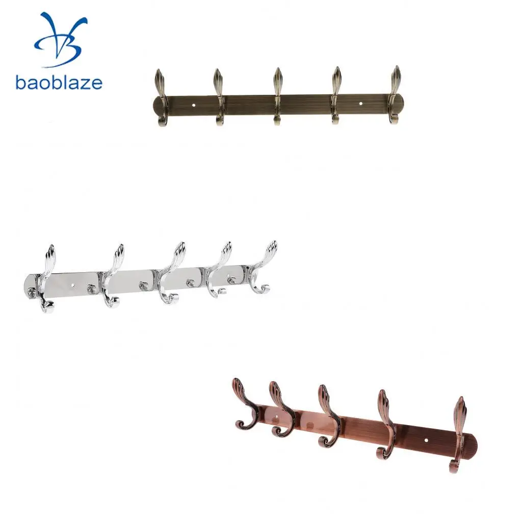 Baoblaze Wall Mounted Hook Door Hanger Coat/Hat/Clothes/Robe/Towel Hook Metal Hanger Rail Rack Holder with 5 Hook