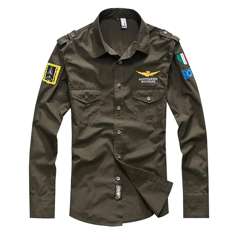Новая мужская Повседневная рубашка с длинным рукавом, модная Военная Мужская хлопковая воздушная футболка с пилотом, Мужская облегающая брендовая одежда 4XL BE121 - Цвет: Армейский зеленый