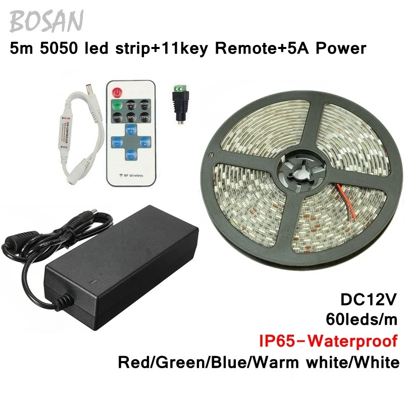 

Waterproof Led Strip 5050 red green blue warm white Flexible Light 5M 300Leds 11 Keys RF Remote 12V 5A Power Strip Light
