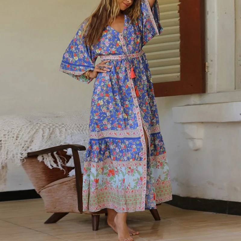 

Women's open stitch dress Button tassel split maxi long dresses Bohemian Beach Holiday Style Pleated Print floral swing Dress