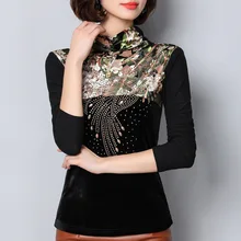 Зима Осень Женская мода Тонкий бисер Элегантный плюс бархат размер толстые под женские рубашки-топы Повседневная Лоскутная футболка