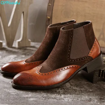 

QYFCIOUFU Mens Handmade Chelsea Boots 2019 Suede Splice Boot Male Vintage Brogue Luxury Boot Shoes Slip-on Men's Dress Boots