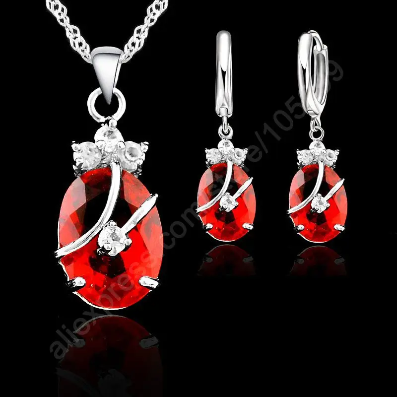Новая мода 7 цветов тонкий Овальный Кристалл 925 пробы серебряные ювелирные изделия набор кулон ожерелье серьги Ювелирная коллекция - Окраска металла: Red