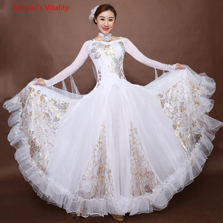 

Ballroom Dance Costumes 2018 New Women Sequins Embroidery Big Swing Dress For Lady's Waltz Tango Dance Performance Dresses
