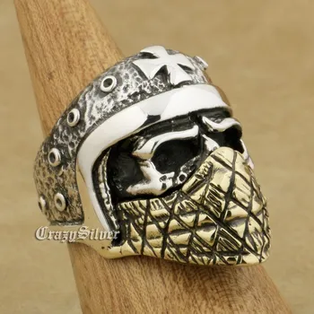 

LINSION 925 Sterling Silver Motorcycle Helmet Skull Brass Mask Mens Biker Rock Punk Ring TA23