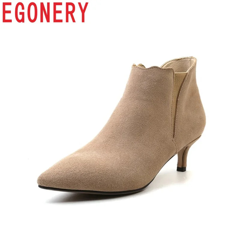 

EGONERY fashion pointed toe middle heel shoes 2018 newset party dress wedding ankle boots size 33-43 ladies big size booties