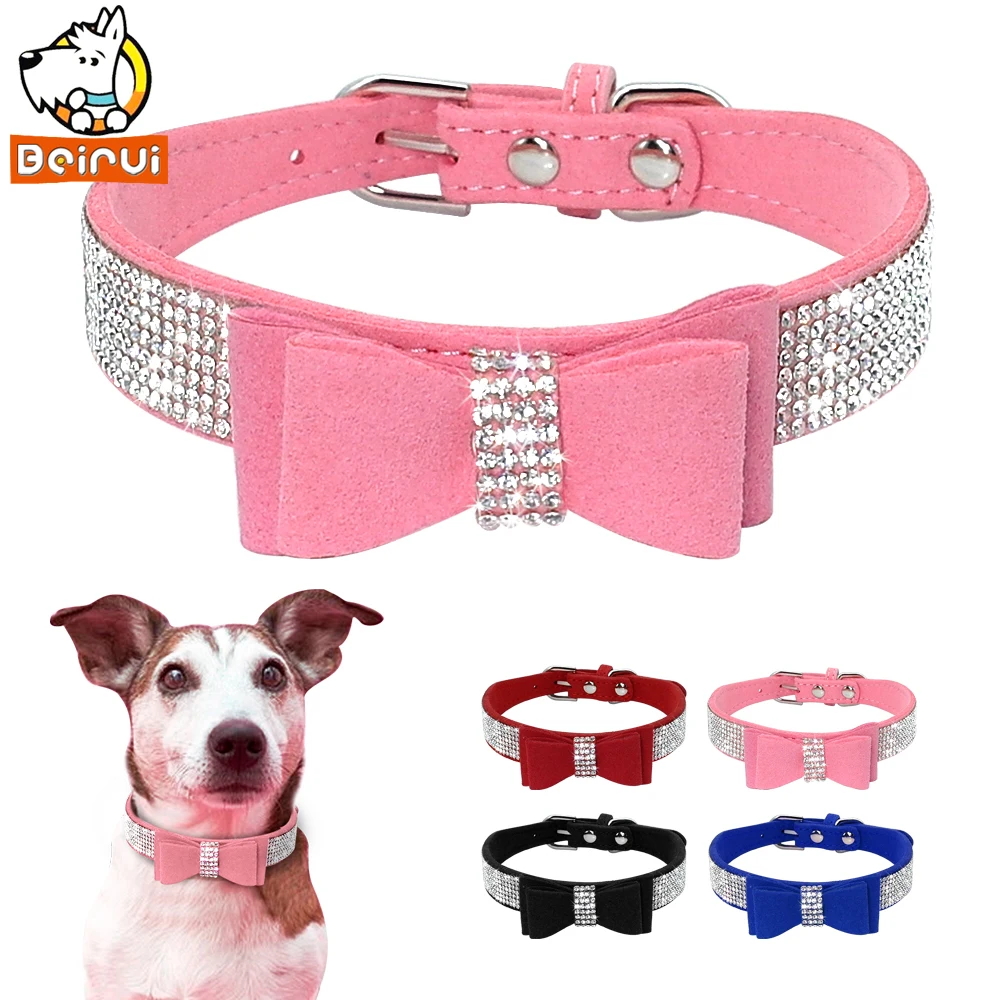 

Suede Rhinestone Dog Collar Sparkly Crystal Bow Tie Dogs Cat Collars Bowknot Diamonds Collars for Small Medium Pets Kitten Puppy