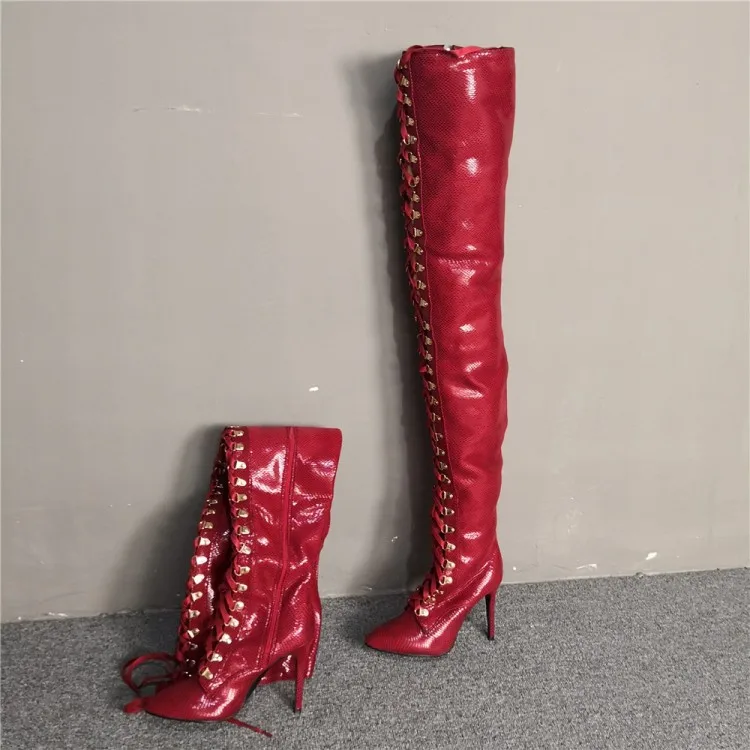 Olomm/женские зимние сапоги до бедра сапоги на высоком каблуке-шпильке Великолепная красная обувь с острым носком для ночного клуба Женская обувь; большие американские размеры 5-15